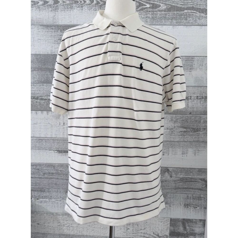 Polo Ralph Lauren Polo Shirt Men's XL Striped Cream 100% Cotton Short Sleeve